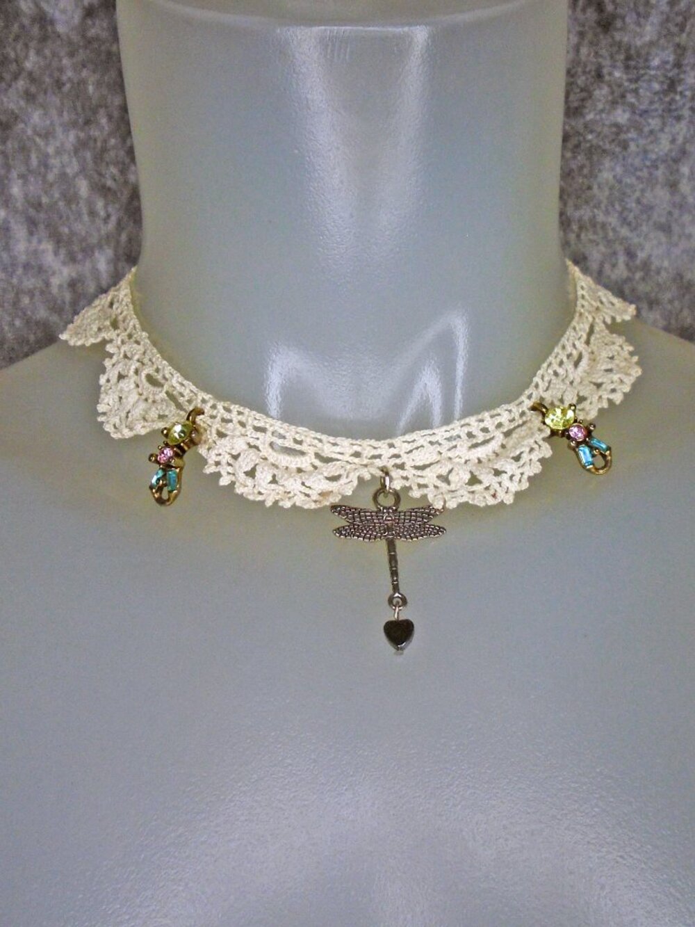 Crochet Lace Choker with Dragonfly Pendant - Picture 3 of 8